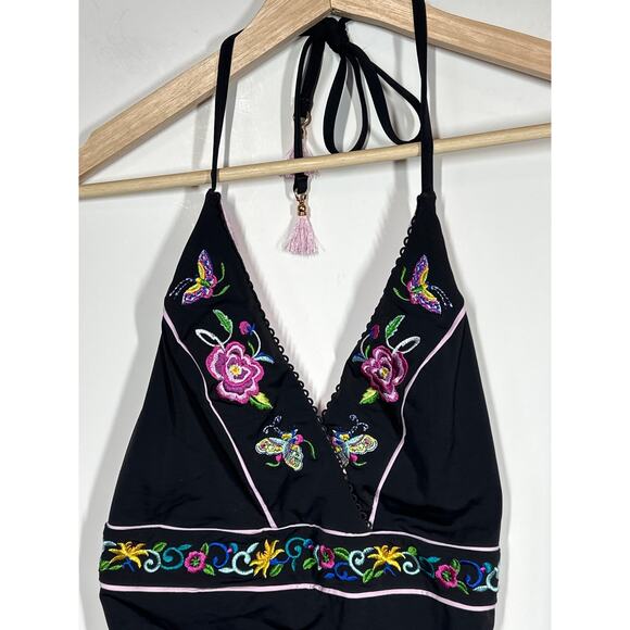 Nanette Lepore Swim Black Floral Embroidered Tassel One-Piece Boho Swimsuit Sz 6 - Picture 6 of 16